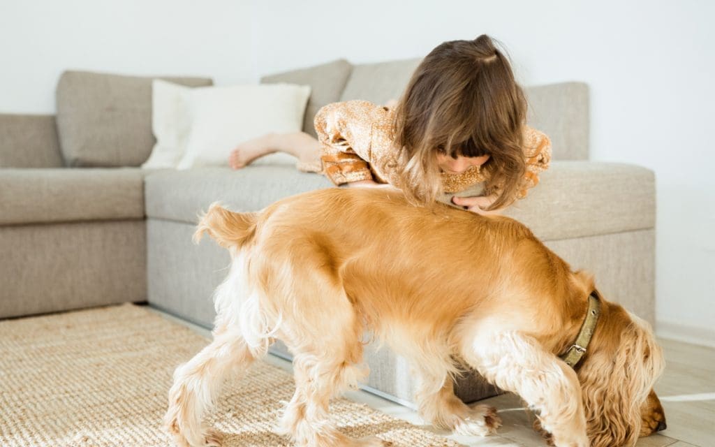 Niña jugando con su pero en casa. Esta claro la importancia de la higiene en los entornos de las mascotas.
